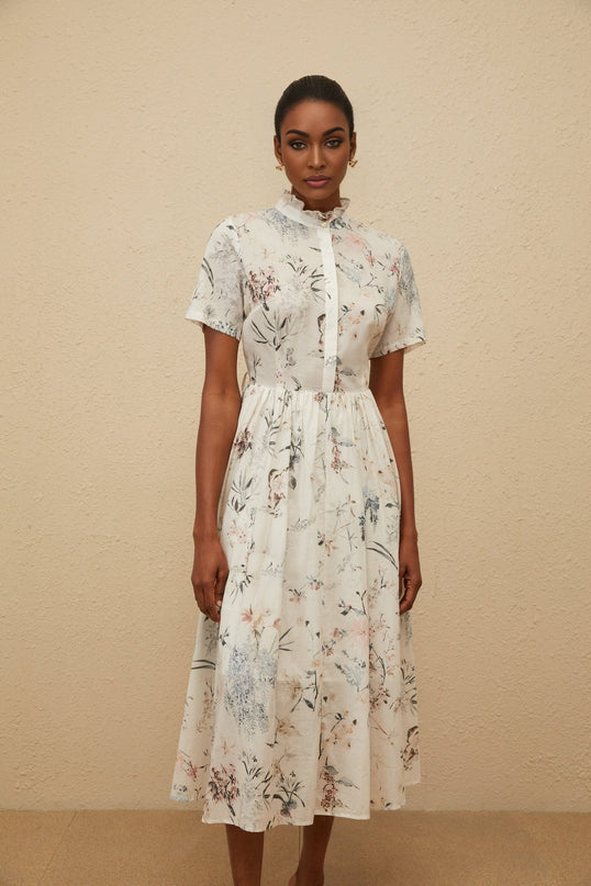 White Floral Print Midi Dress with Frilled Neck and Faux-Pearl Detailing