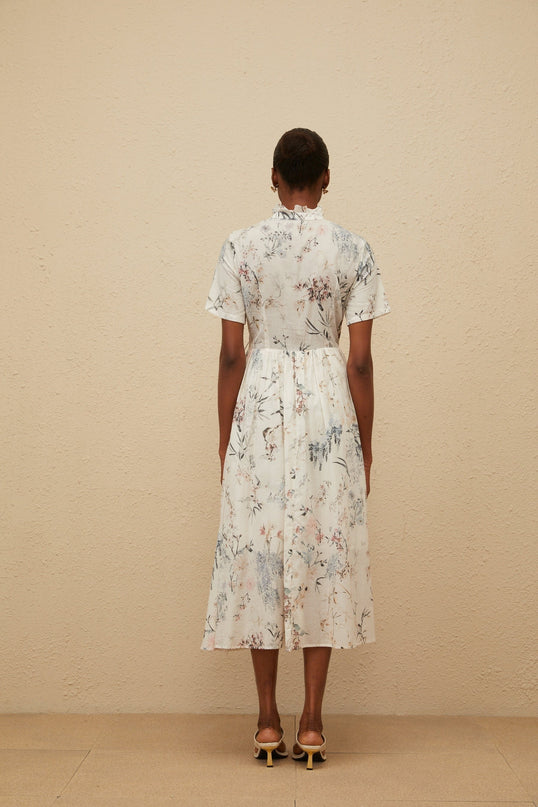 White Floral Print Midi Dress with Frilled Neck and Faux-Pearl Detailing
