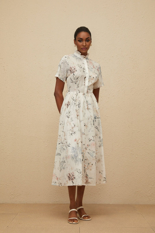 White floral print midi dress with frilled neck and faux-pearl detailing