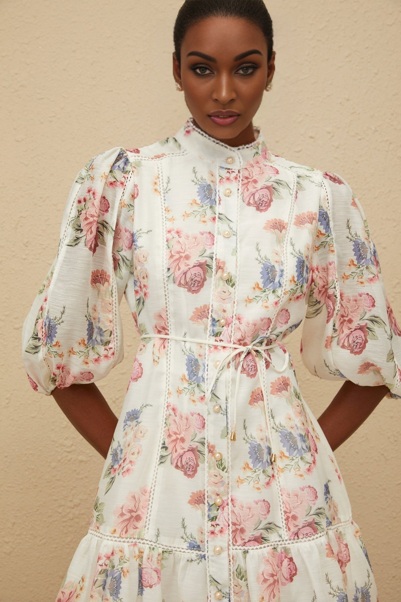 White floral print puff sleeve mini dress with faux-pearl buttons