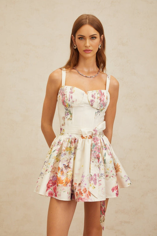 White Floral Print Sweetheart Neckline Dress