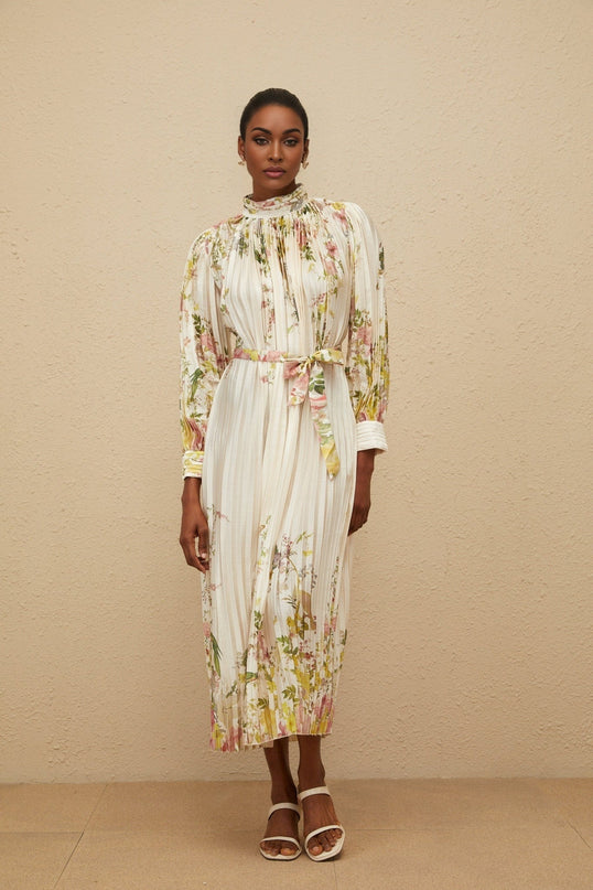 White Floral Print Turtleneck Midi Dress with Cinched Waist and Buttoned Cuffs