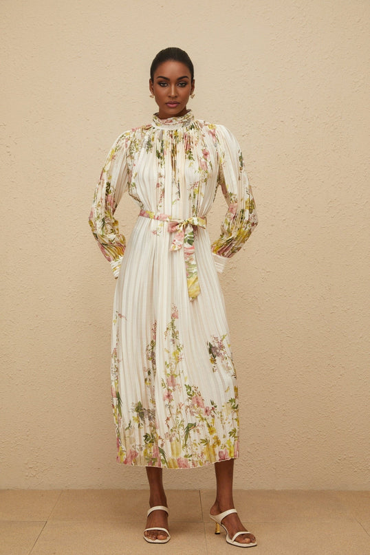 White floral print turtleneck midi dress with long sleeves and cinched waist