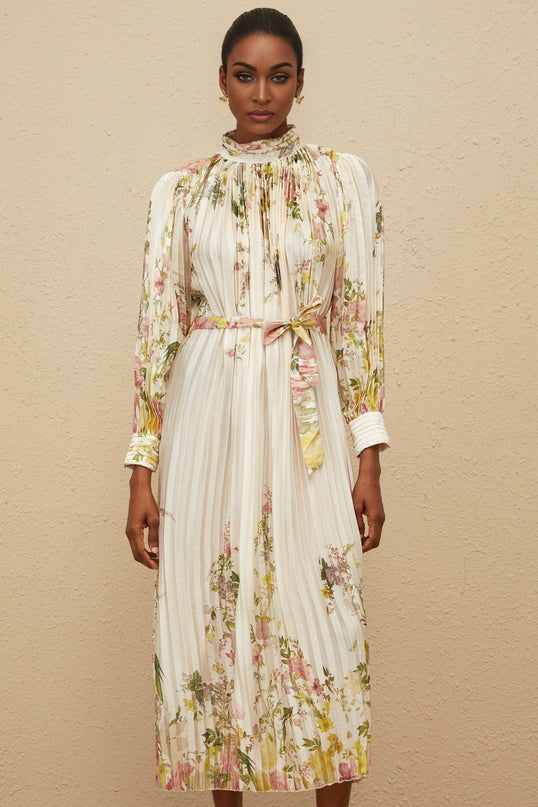 White floral print turtleneck midi dress with cinched waist and pleats
