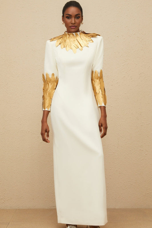 White and Gold Turtleneck Maxi Dress with Feather Trim and Rear Slit