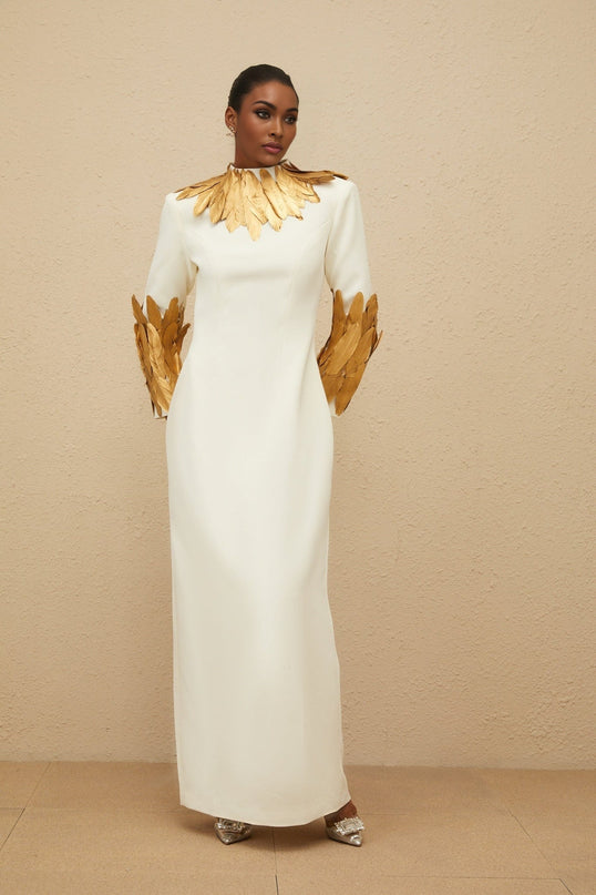 White and Gold Turtleneck Maxi Dress with Feather Trim
