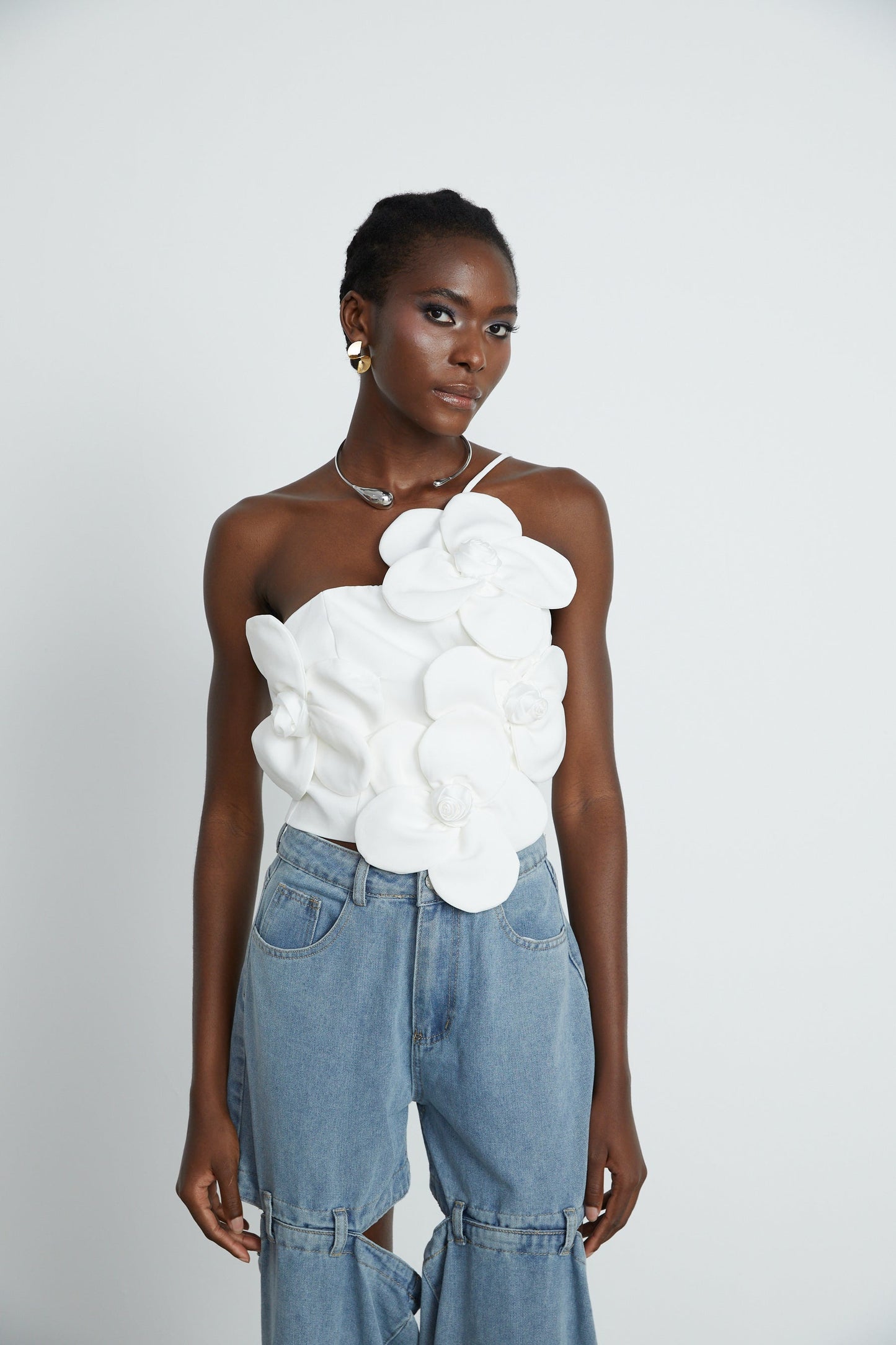 White halter neck top with colorful floral applique details
