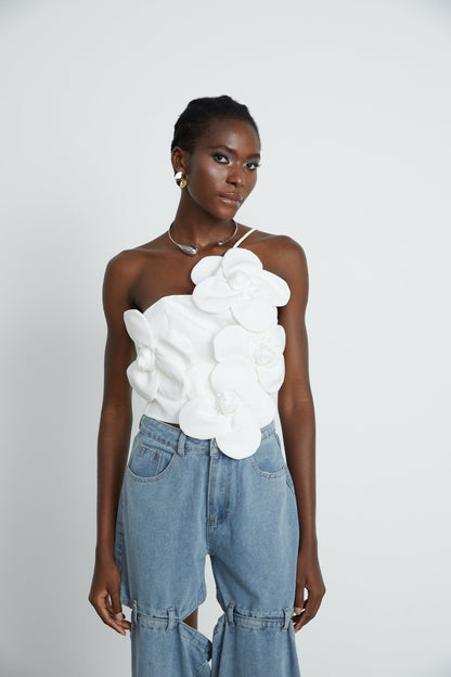 White halter neck top with colorful floral applique details