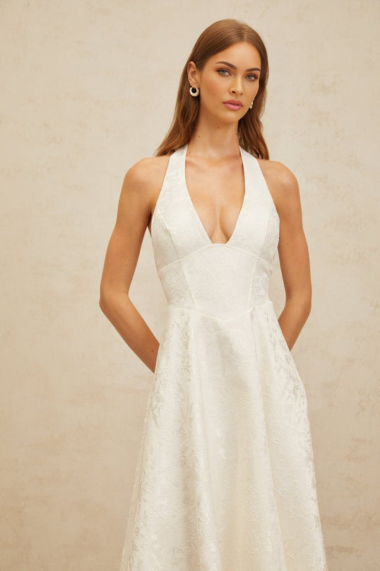 White halterneck floral jacquard midi dress with self-tie design and flounce hem