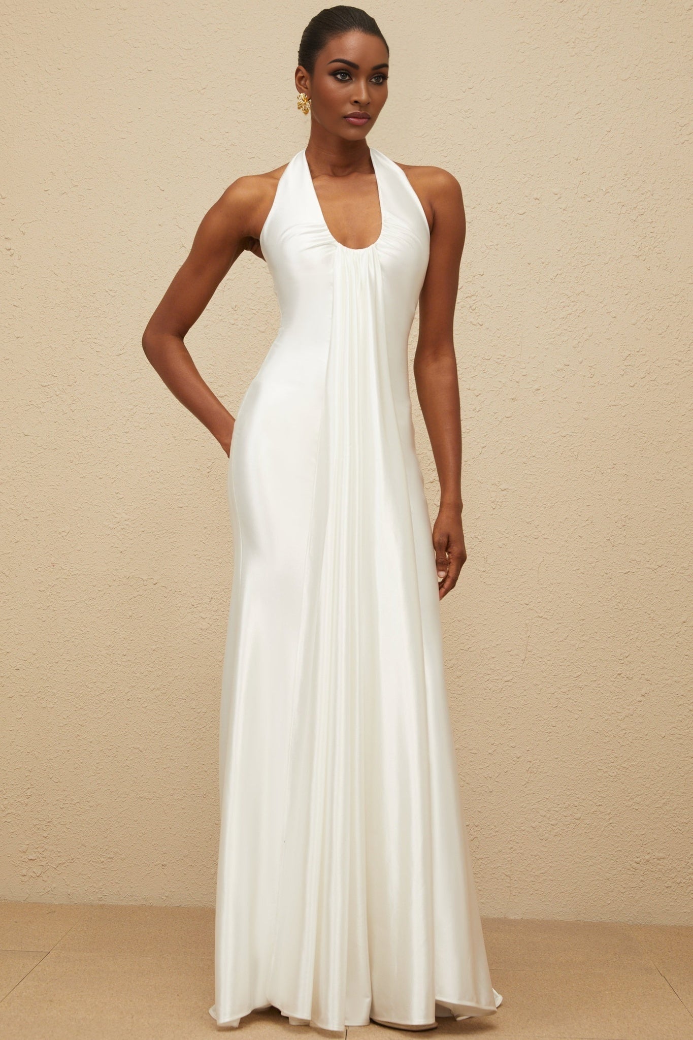 White Halterneck Satin Maxi Dress with Ruched Detailing and Ribbon Design