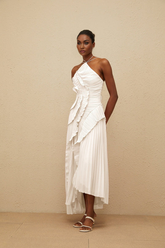 White Halterneck Sleeveless Fully Pleated Ruffled Trim Asymmetrical Midi Dress