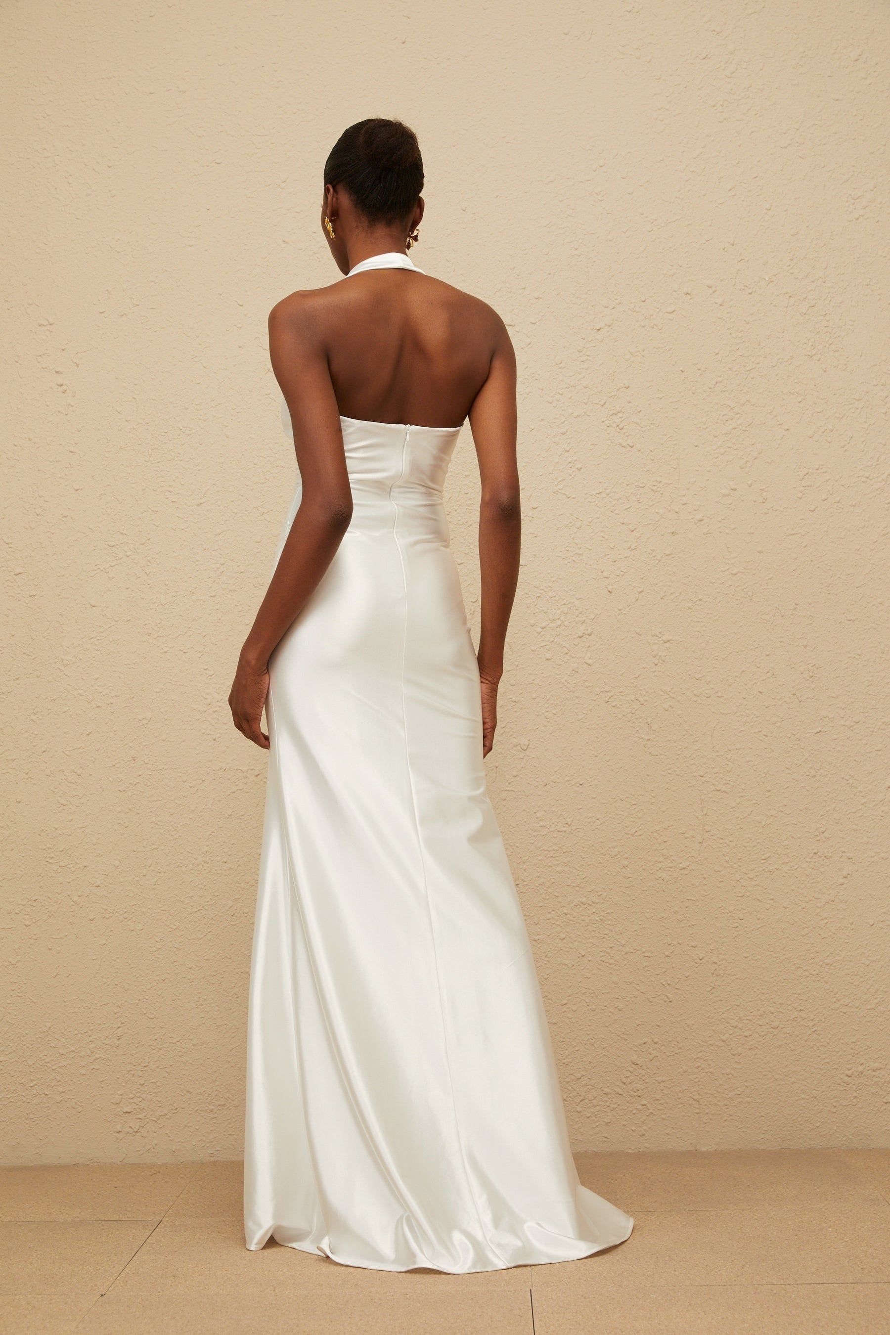White Halterneck Sleeveless Maxi Dress with Ruched Detailing and Ribbon Design