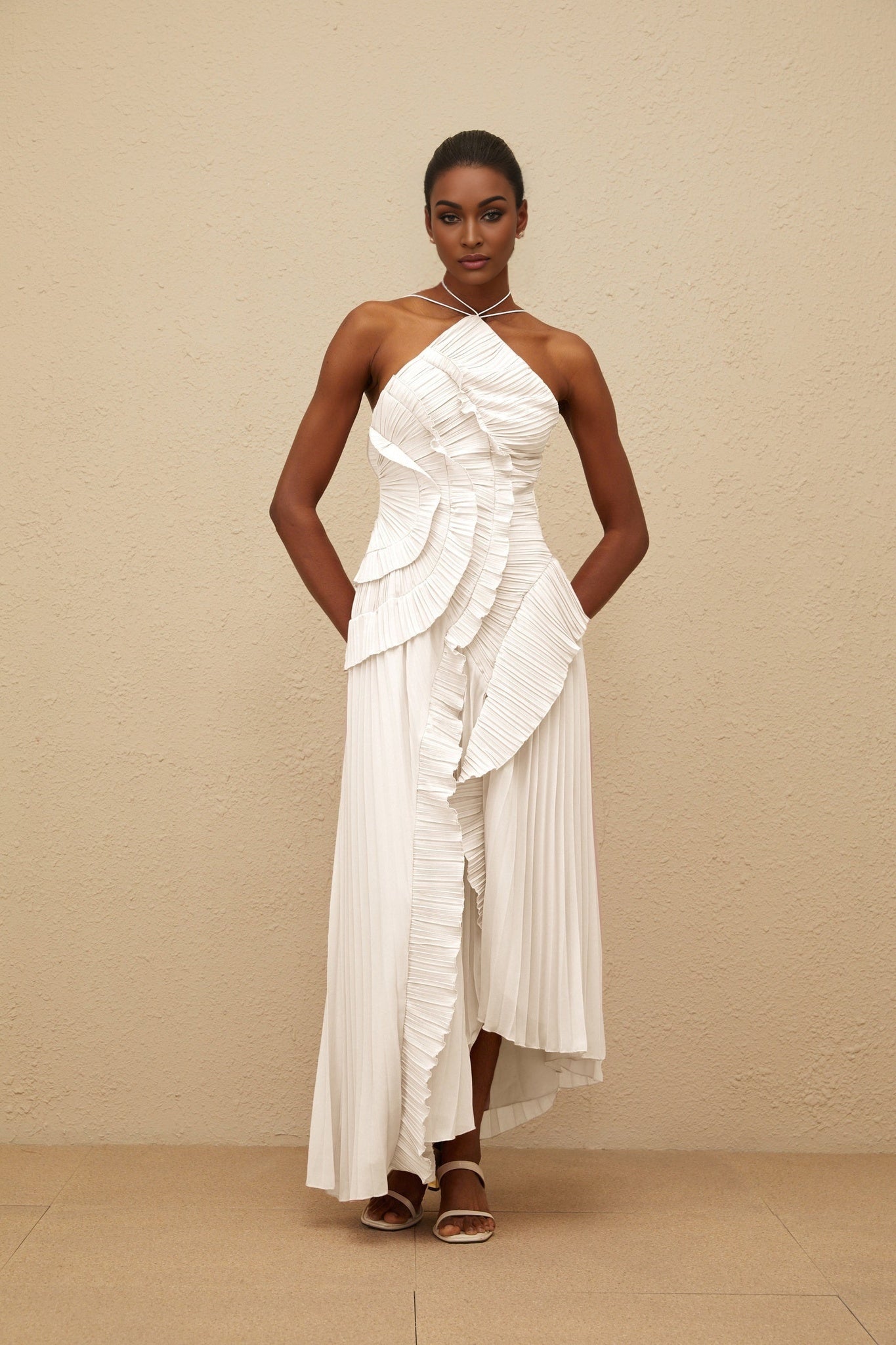 White Halterneck Sleeveless Midi Dress with Ruffled Trim and Front Slit