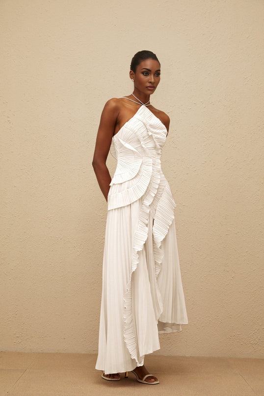 White Halterneck Sleeveless Midi Dress with Ruffled Trim and Front Slit