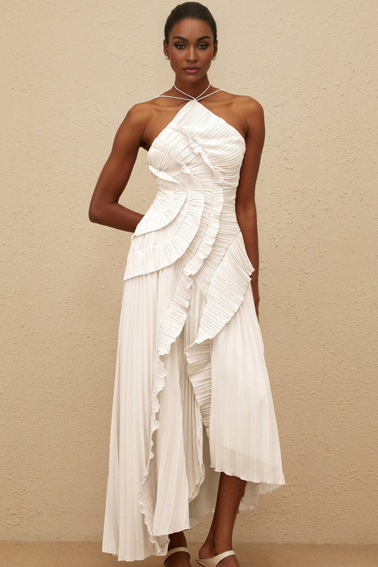White Halterneck Sleeveless Midi Dress with Ruffled Trim and Asymmetrical Design