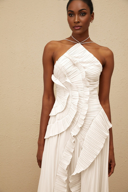 White Halterneck Sleeveless Pleated Midi Dress with Ruffled Trim