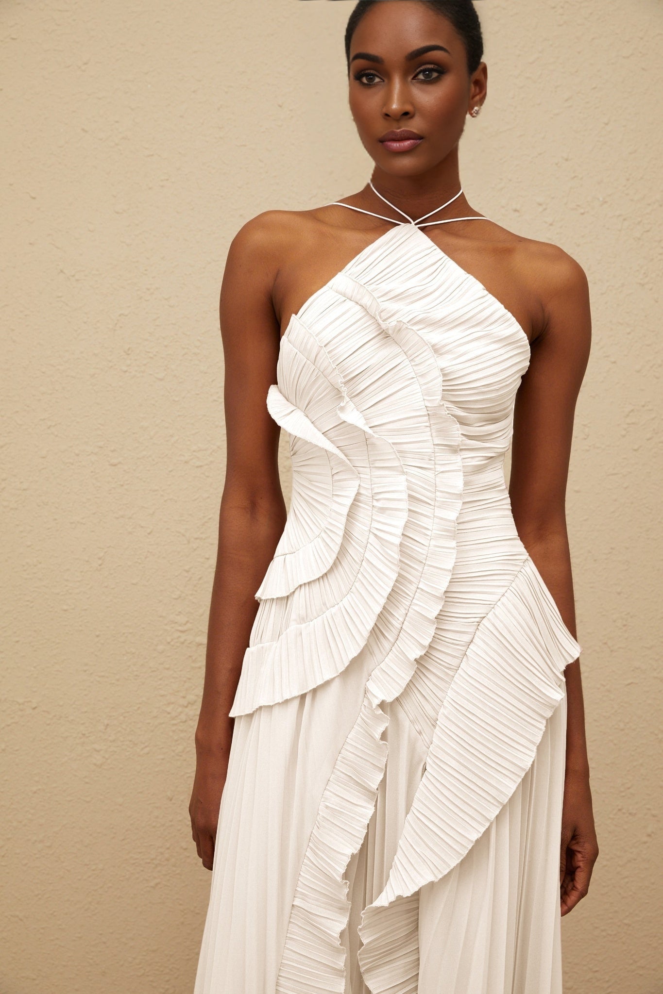 White Halterneck Sleeveless Pleated Midi Dress with Ruffled Trim