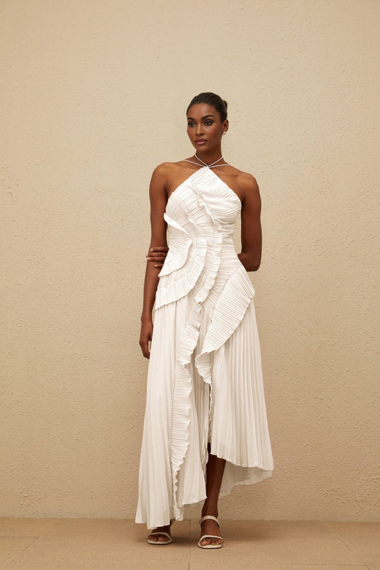 White Halterneck Sleeveless Pleated Midi Dress with Ruffled Trim and Asymmetrical Design
