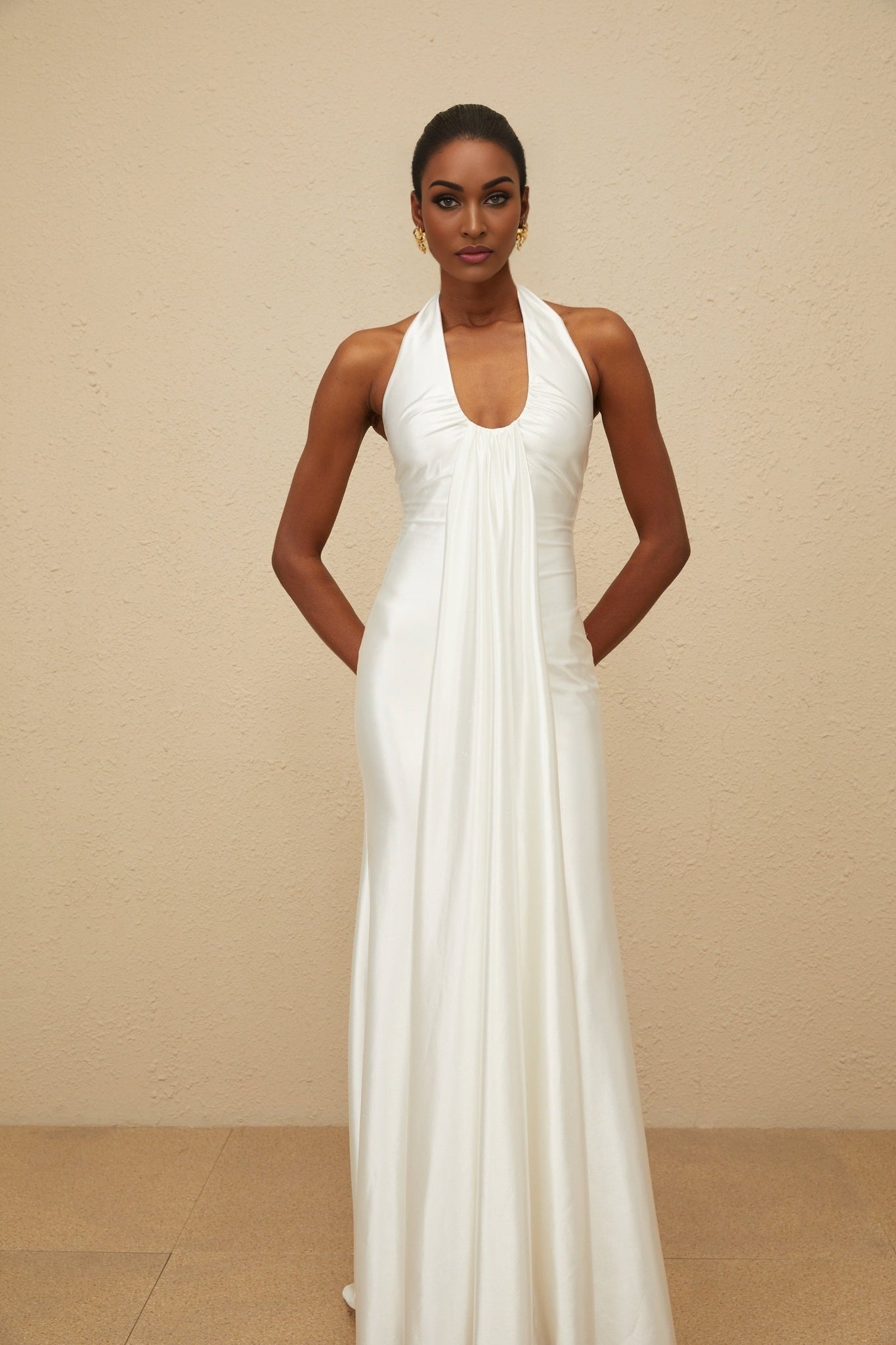 White Halterneck Sleeveless Satin Finish Ruched Detailing Ribbon Design Flared Hem Maxi Dress