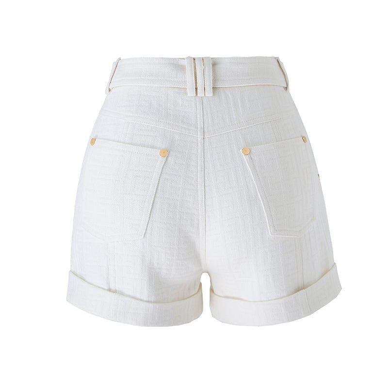 White high-waisted tailored shorts with buckle detail