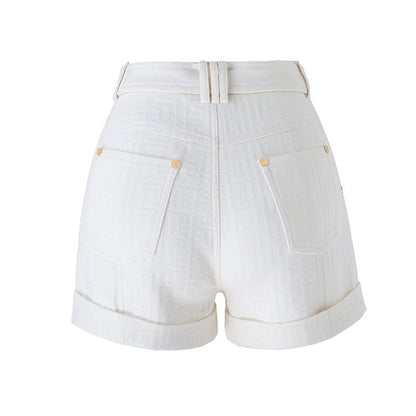 White high-waisted tailored shorts with buckle detail