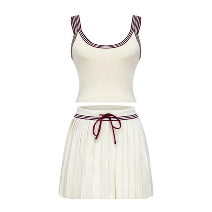 White knit 2-piece lounge set featuring sporty sleeveless top and knee-length shorts for women
