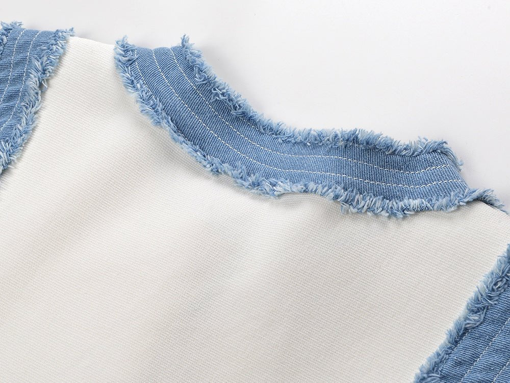 White Knit and Denim Sleeveless Dress with Gold Buttons