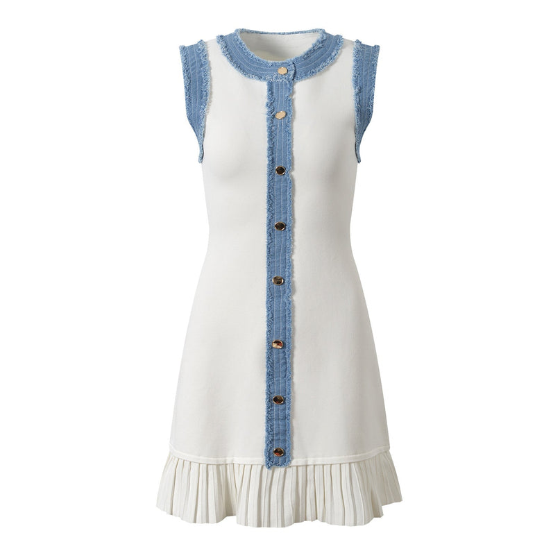 White knit and denim pleated dress with gold buttons
