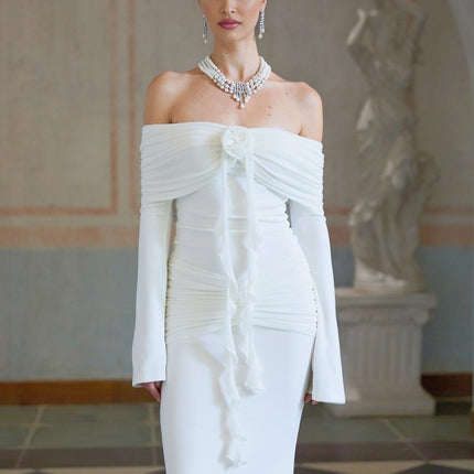 White knit maxi dress with glittered floral appliques named Wanda