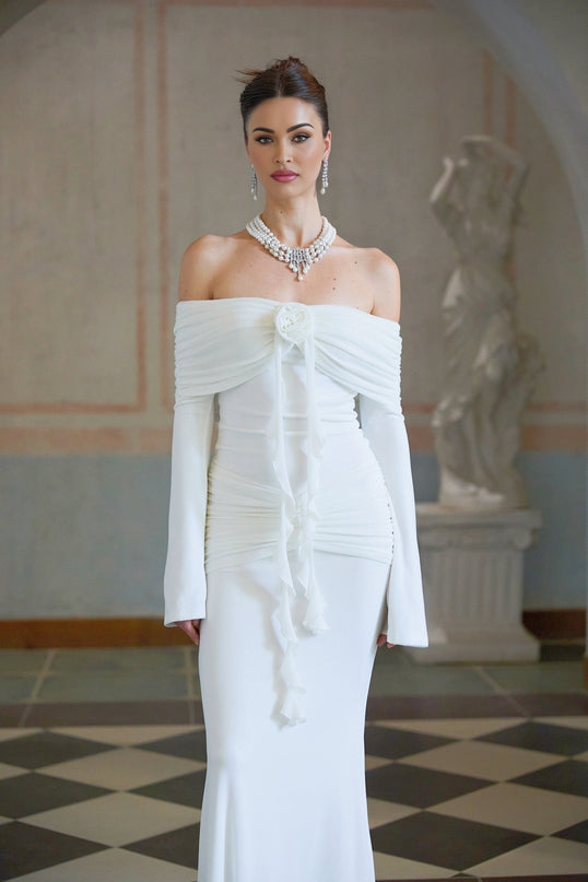 White knit maxi dress with glittered floral appliques named Wanda