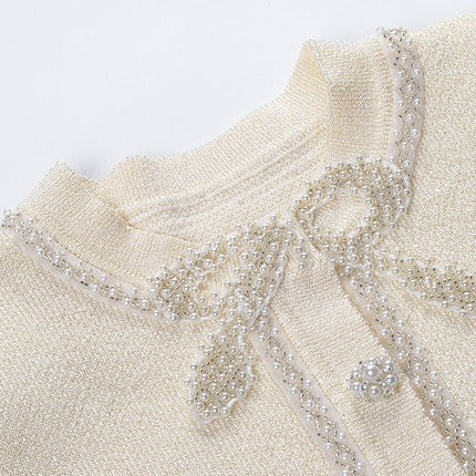 White Knitted A-Line Dress with Embellished Buttons and Pockets