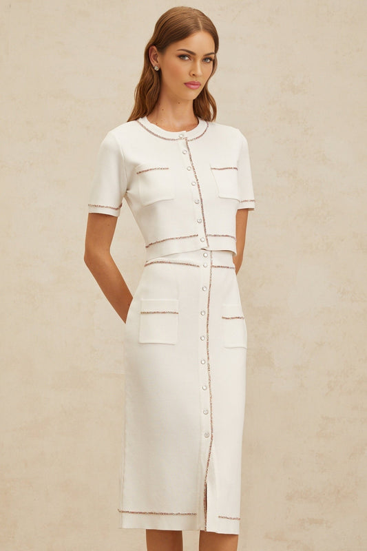 White knitted top and skirt set with crystal embellishment and ribbed hem