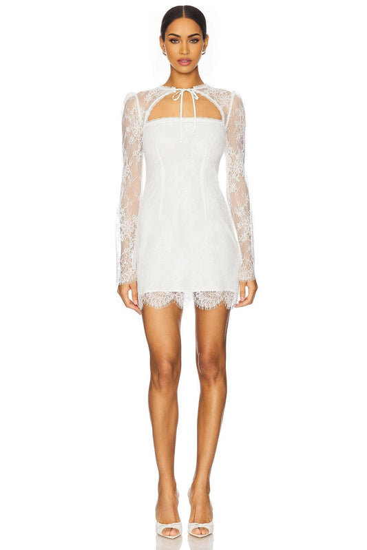 White Lace Barbara Bridal Dress with Collar Tie Accent and Hidden Zipper Closure