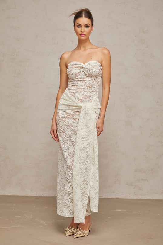 White lace midi dress with draped design and delicate detailing named Wilhelmine