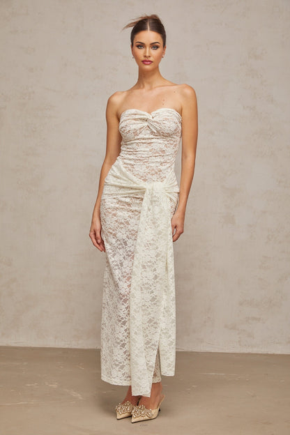 White lace midi dress with draped design and delicate detailing named Wilhelmine