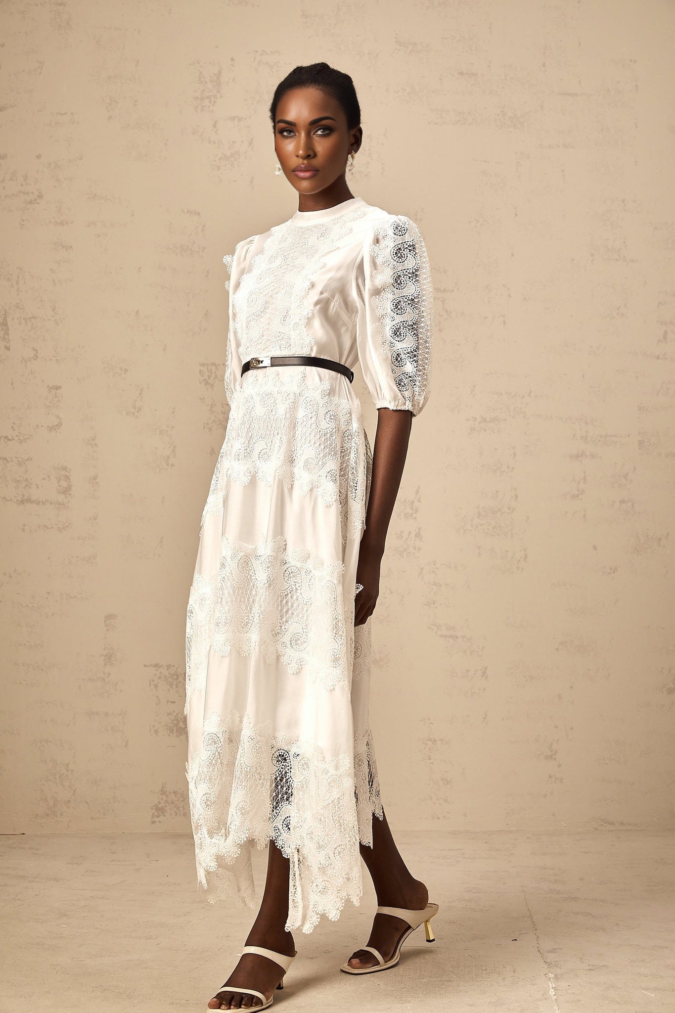 White lace trim midi dress with belt and paneled design