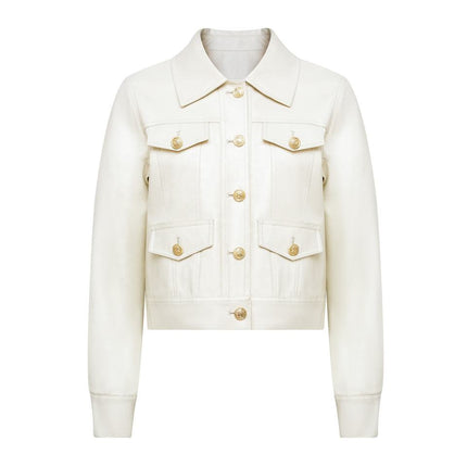 Jane wearing White Leather Bomber Jacket
