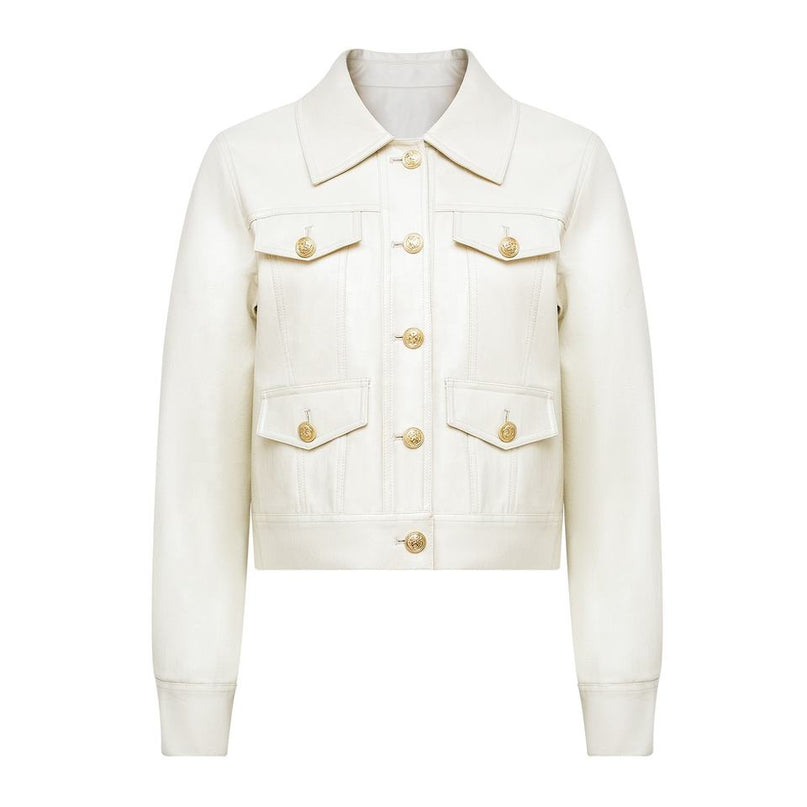 Jane wearing White Leather Bomber Jacket
