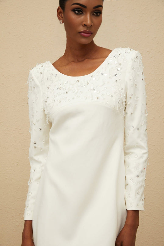 White Long Sleeve A-Line Mini Dress with Sequin and Crystal Embellishments