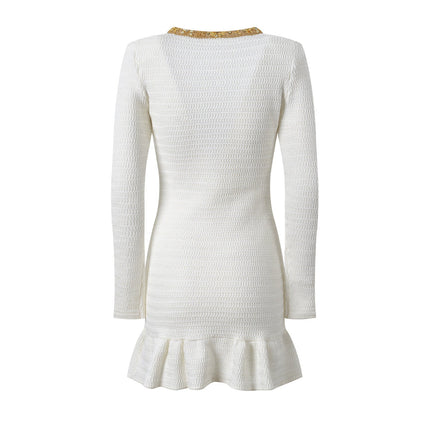 White Long Sleeve Fitted Dress with Gold Accents