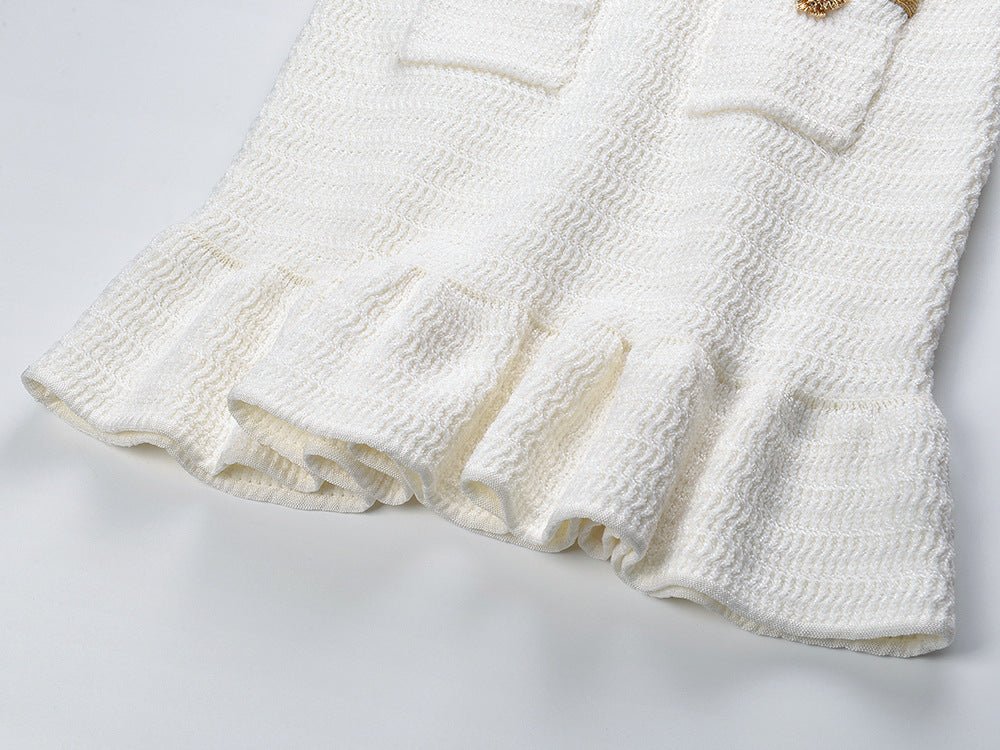 White Long Sleeve Flared Hem Dress with Gold Accents