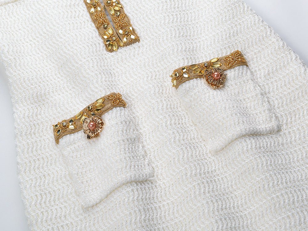 White Long Sleeve Flared Hem Dress with Gold Accents