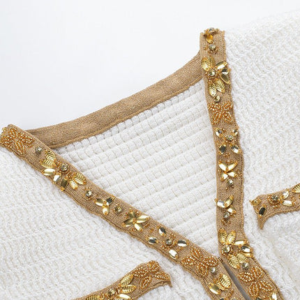 White Long Sleeve Flared Hem Dress with Gold Accents