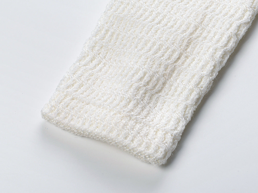 White Long Sleeve Flared Hem Fitted Dress with Gold Accents