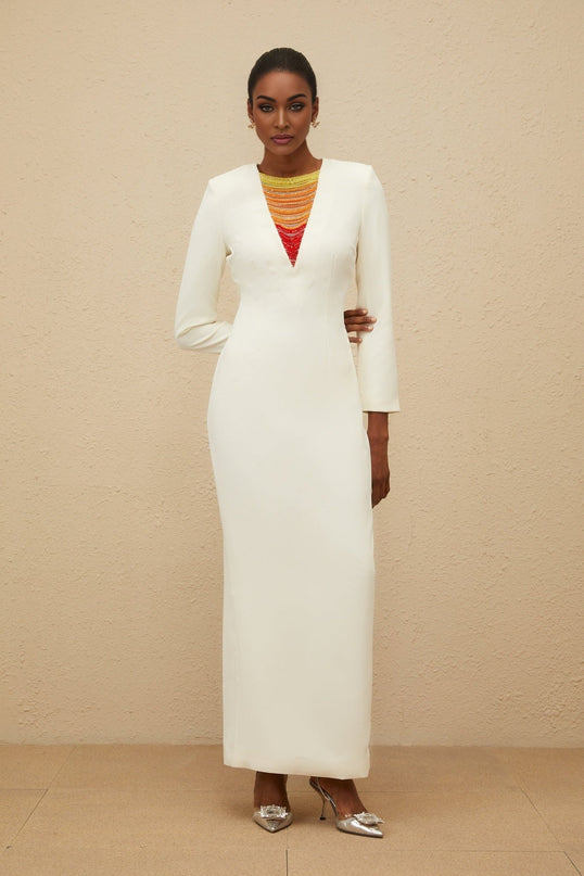 White long sleeve maxi dress with bead and rhinestone embellishments
