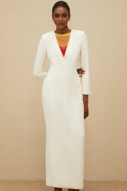 White long sleeve maxi dress with bead and rhinestone embellishments