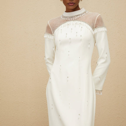 White long sleeve maxi dress with tulle and embellishments