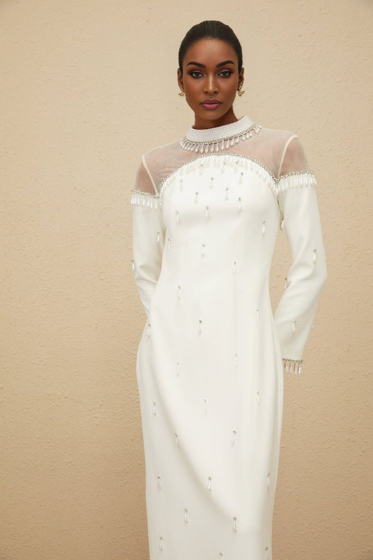White long sleeve maxi dress with tulle and embellishments