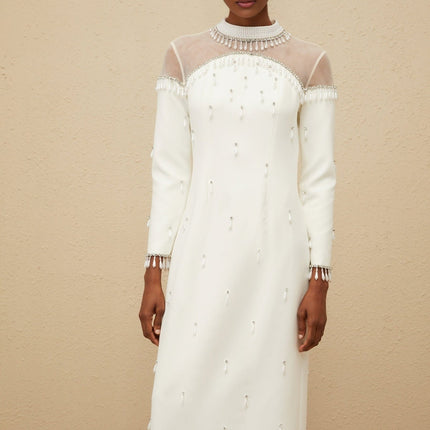 White long sleeve maxi dress with tulle and embellishments