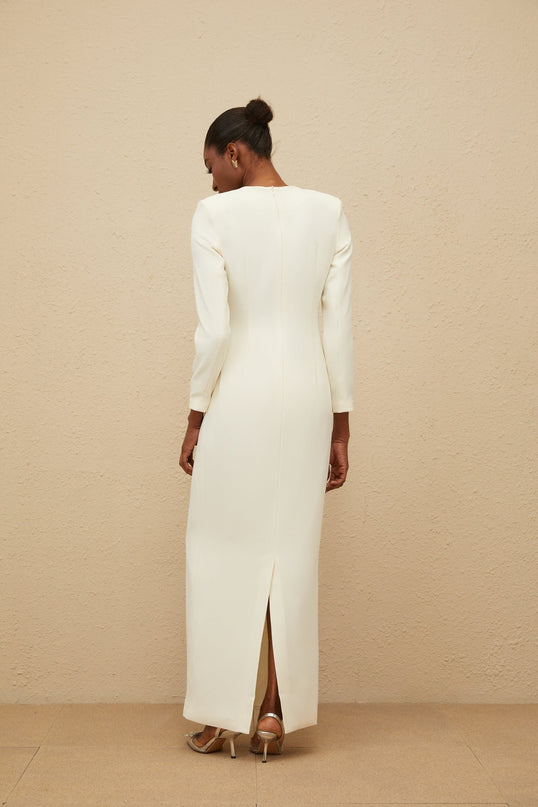 White Long Sleeve Maxi Dress with Bead and Rhinestone Embellishments